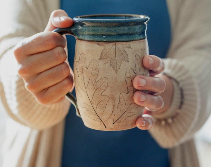 Handmade pottery coffee lover gift mug Large 16 ounce blue stoneware mug with real leaf texture nature inspired rustic kitchen decor