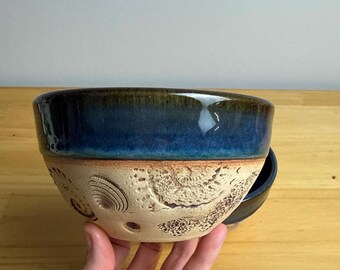 Handmade Blue pottery Bowl with shell texture Rustic Kitchenware Gift idea for beach lover DISCOUNTED