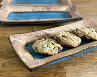 Stoneware Serving Tray with hand-pressed Leaves or Shells, Small Relish Platter, Sushi Plate, Blue Dish, Unique gift under 50 for him her