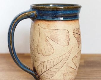 Handmade Pottery Coffee Mug: Woodland Leaf Design
