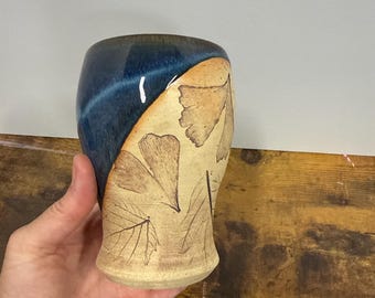 Ceramic cup 16 oz woodland blue handmade with leaf imprints Discounted