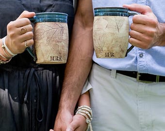 Personalized wedding gift His + Hers or MR + MRS coffee mug set Handmade pottery cup pair