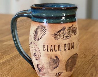 Handmade Blue Beach Bum mug with shells