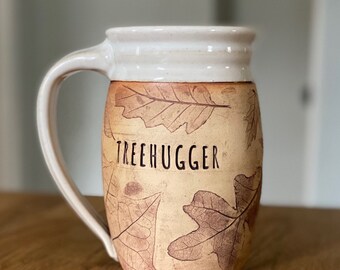 Handmade white TREEHUGGER nature-lover mug