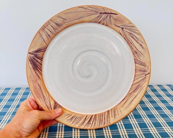 Handmade ceramic pine texture white DINNER plate Artisianal hand crafted dinnerware set for wedding registry and pottery lover collections