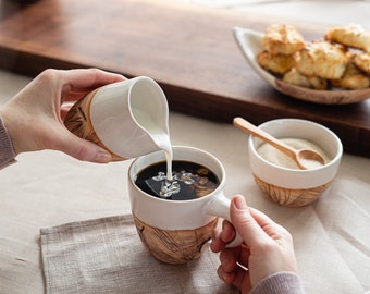 Handmade Cream and Sugar set with Hand carved Spoon, Pine Needle Impressions, FREE U.S. Shipping & GIFT BOX