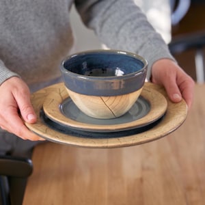 Handmade ceramic blue dinnerware set Artisianal pottery hand crafted with two plates and bowl for nature lover and natural kitchen decor
