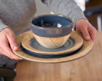 Handmade ceramic blue dinnerware set Artisianal pottery hand crafted with two plates and bowl for nature lover and natural kitchen decor