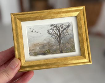 Tiny watercolor - gold frame - tree in fog scene - free shipping