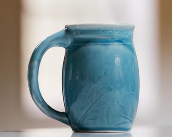 Handmade ceramic Large Mug: 16 oz, blue Leaf Design