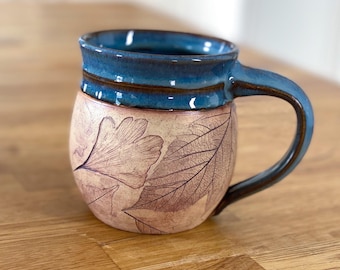 12 oz woodland blue handmade mug with leaf imprints DISCOUNTED