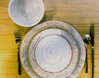 Handmade Ceramic Dinnerware Set: Natural leaf texture Plates & Bowl, Cream Glaze