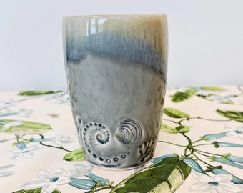 Handmade ceramic coastal theme cup, DISCOUNTED 16 oz gray handmade with shell imprints