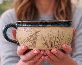 Handmade Ceramic Chili Bowl Stoneware Soup Bowl Pine Needle Texture Blue Pottery Bowl Rustic Kitchen Gift