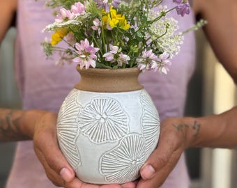 Handmade Ceramic Flower Vase with Carved Poppies, Stoneware Pottery Home Decor wildflower wedding gift idea