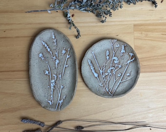 Handmade ceramic dish set of two with wildflower texture Speckled pottery tray pair for jewelry