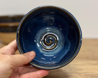 Handmade blue ceramic bowl with leaf imprints DISCOUNTED