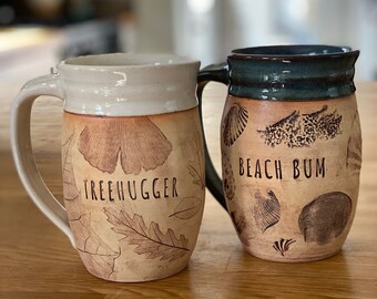 Happy Place Mug, Handmade Pottery, Treehugger (Leaves) or Beach Bum (Shells), Cobalt Blue or Creamy White Glaze, Stoneware Mom Dad Grad Gift