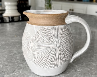Handmade pottery pitcher 1.25 quart  stoneware pouring vessel with carved poppy flower texture Nature inspired rustic kitchen decor