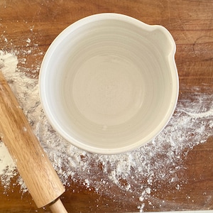 Handmade Ceramic Batter Bowl with Spout – Farmhouse Kitchen Pottery, Speckled Cream Glaze