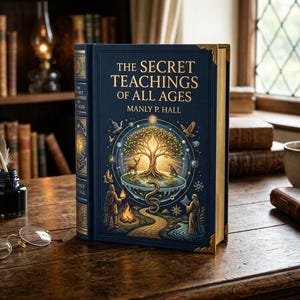 May include: A hardcover book titled "The Secret Teachings of All Ages" by Manly P. Hall. The book has a dark blue cover with gold accents and an illustrated design. A quill, inkwell, and glasses sit on a wooden table.
