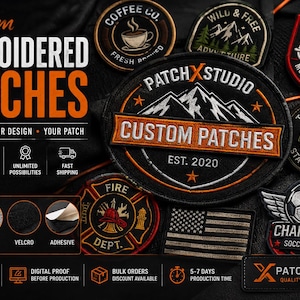May include: A collection of circular and shaped embroidered patches featuring various designs including a motorcycle, a skull, a soccer ball, and mountain landscapes. The display includes text labels for custom patches, backing options, and production details.