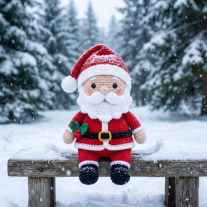 Könnte beinhalten: Eine gehäkelte Weihnachtsmann-Puppe mit rotem Anzug mit weißem Besatz, einem schwarzen Gürtel mit gelber Schnalle und einer passenden roten Mütze. Die Puppe hat einen weißen Bart, eine runde Nase und einen kleinen grünen Mistelzweig mit roten Beeren.