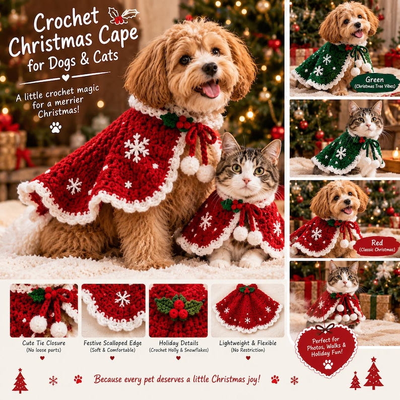 Crochet Christmas Cape Pattern for Dogs and Cats, Pet Holiday Outfit ...