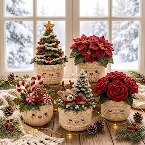 Può includere: Cinque vasi decorativi all'uncinetto con facce sorridenti, tra cui un albero di Natale con una stella dorata, una stella di Natale rossa, bastoncini di zucchero con un cuore di pan di zenzero, una renna con un alberello e un uccellino, e un bouquet di rose rosse.