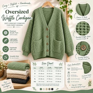 May include: An oversized sage green waffle knit cardigan featuring a V-neck, long sleeves, ribbed cuffs, and four brown buttons. The garment includes two front pockets and is displayed with a size chart and care instructions.