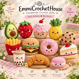 Puede incluir: Una colección de 12 peluches de ganchillo hechos a mano con forma de alimentos, incluyendo aguacate, fresa, cupcake, piña, galleta, patatas fritas, hamburguesa, dónut, trozo de tarta, té boba, cruasán y macarrón, todos con caras bordadas.