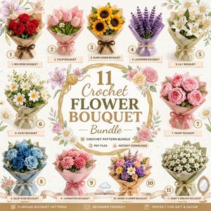 Może przedstawiać: Cyfrowa kolekcja 11 wzorów szydełkowych bukietów kwiatów zatytułowana 11 Crochet Flower Bouquet Bundle. Obraz przedstawia różne ręcznie robione bukiety, w tym czerwone róże, różowe tulipany, słoneczniki, lawendę, lilie, stokrotki, piwonie, niebieskie róże, goździki, mieszaną kompozycję kwiatową i gipsówkę, owinięte w papier ze wstążkami.