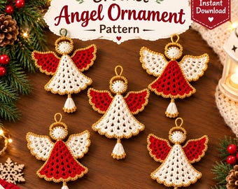 May include: Five crochet angel ornaments featuring red and white yarn bodies with gold-trimmed wings and halos. The text Crochet Angel Ornament Pattern and Instant Download is displayed at the top of the image in a decorative white label.