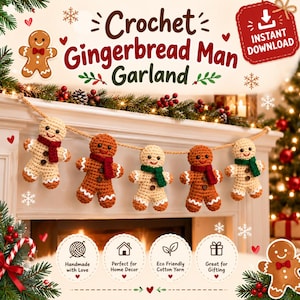 May include: A crochet gingerbread man garland featuring five alternating light beige and brown gingerbread figures on a tan string. Each figure wears a red or green scarf and has two small brown buttons. Text reads Crochet Gingerbread Man Garland.
