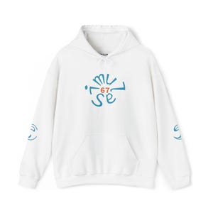 May include: White hoodie with a front pocket and a drawstring hood. The front features a blue graphic with the text "muse 67". The sleeves have blue smiley face graphics.