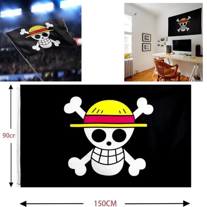 May include: Black flag featuring a white skull and crossbones with a yellow hat and red band. The flag measures 59 inches wide and 35 inches high. The design is a popular anime and manga symbol.
