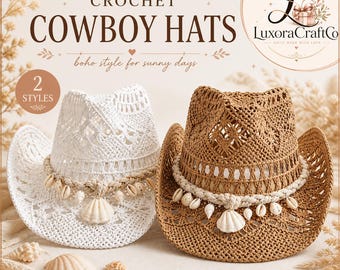 Crochet Straw Cowboy Hat with Shells | Boho Panama Beach Summer Vacation Western Fe