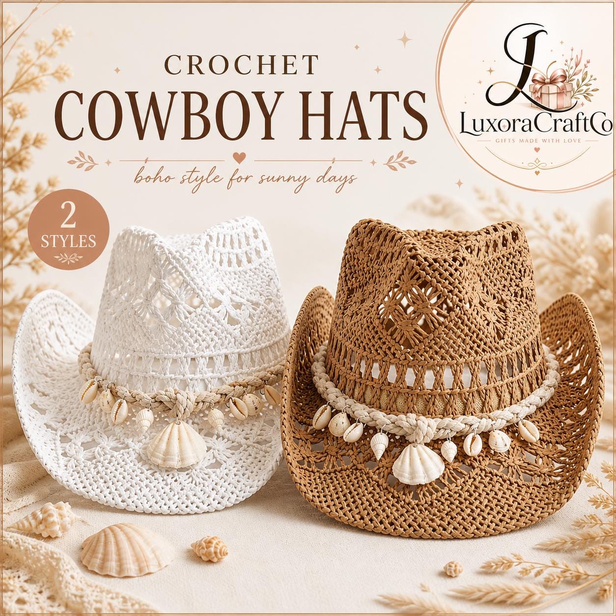 3671 Wide Brim Crochet Sun Hat Boho Cowboy Hat With 3 Decorative Hat Bands Crocheted raffia sun hat with boho cow applique main image 3