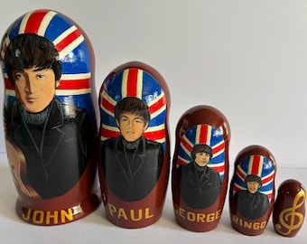 The Beatles Nesting Doll, 5-Pc Hand-painted Wooden Matryoshka Set, 7" High x 3.25" Wide