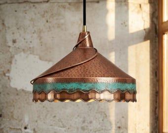 Moroccan Copper Pendant Light, Handmade Rustic Hanging Lamp, Hammered Copper Ceiling Light, Green Patina Pendant, Boho Kitchen Lighting