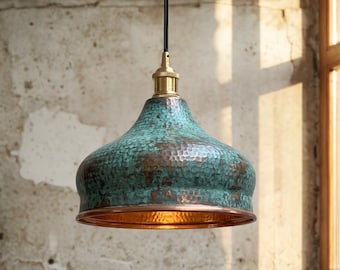 Hammered Copper Pendant Light with Green Patina – Rustic Industrial Dome Lamp – Handmade Vintage Ceiling Lighting Fixture