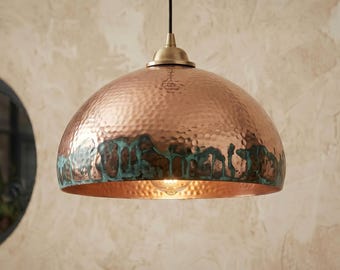 Rustic Hammered Copper Dome Light with Dripping Green Patina, Artisan Hanging Pendant, Warm Kitchen Island Statement Lighting