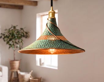 Handmade Hammered Copper Pendant Light, Green Patina Ceiling Lamp, Rustic Vintage Kitchen Lighting
