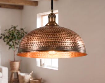 Rustic Vintage Kitchen Lighting, Handmade Hammered Copper Pendant Light, industrial Farmhouse Lighting, Dome Lamp Shade