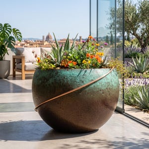 Large Hammered Copper Planter – Green Patina, Modern Bowl for Succulents