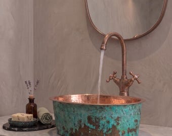 Hammered Copper Vessel Sink, Moroccan Patina Finish, Rustic Bathroom Basin