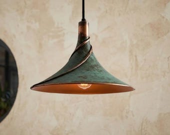 Handgefertigt Kupfer Pendelleuchte - Grüne Patina Deckenlampe - Industrielle Bauernhaus Kücheninsel Beleuchtung