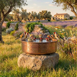 May include: A round, hammered copper bird bath sits atop a large, natural stone base. Several goldfinches with red, black, and white facial markings are perched on the rim and drinking from the water inside the basin in a grassy field.