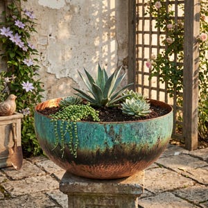May include: A large, round, hammered metal planter with a weathered patina featuring a gradient of turquoise, green, and dark brown tones. The bowl is filled with dark soil and contains a central agave, a string of pearls, and two echeveria succulents.