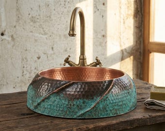 Handgefertigte Hammerde Kupfer Waschbecken, rustikales GreenPatina Badezimmer Waschbecken, Bauernhaus Runde Waschtisch, Handwerker Arbeitsplatte Kupfer Waschbecken